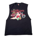 Black sleeveless shirt with Harley Davidson graphic on a white background