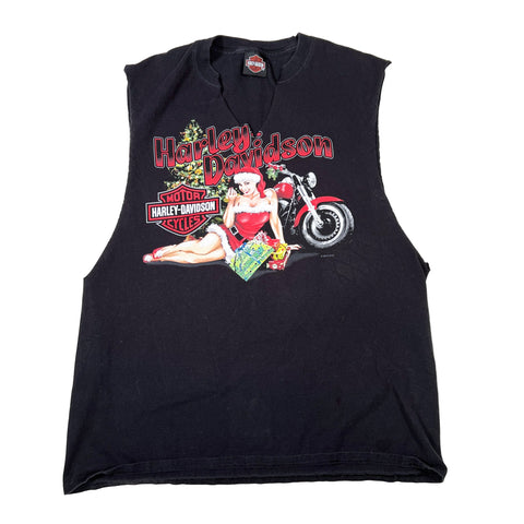 Black sleeveless shirt with Harley Davidson graphic on a white background