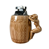 A ceramic mug shaped like a beer stein with a sculpted nude female figure handle, featuring a brown wood-grain pattern and a silver-toned lighter set into the top, photographed on a neutral light gray background.