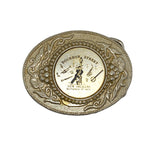 Decorative belt buckle with Bourbon Street New Orleans design on a white background