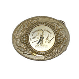 Decorative belt buckle with Bourbon Street New Orleans design on a white background