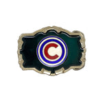Belt buckle with a logo featuring a large 'C' in the center on a white background
