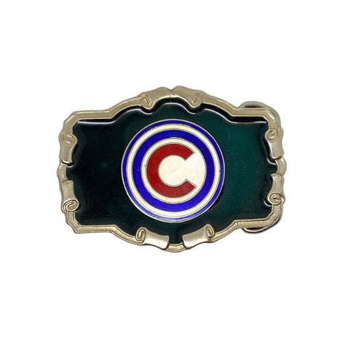 Belt buckle with a logo featuring a large 'C' in the center on a white background
