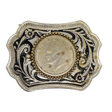 Decorative belt buckle with a coin in the center on a white background