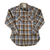Plaid shirt with brown, blue, and beige pattern on a white background