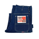 A pair of folded dark indigo denim jeans with white contrast stitching, featuring a visible back pocket with a white, red, and black 'Pointer Brand' label.