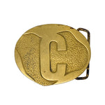 Gold belt buckle with a textured 'C' design on a white background