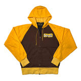 A vintage zip-up hoodie with a dark brown body and bright yellow sleeves, hood, and hem. The chest features a yellow 'Sokota' logo patch.