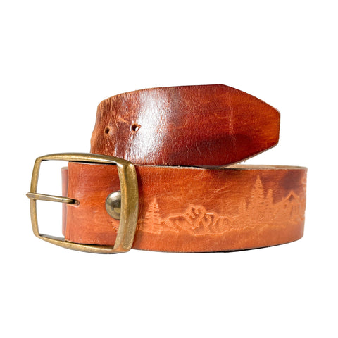 Brown leather belt with brass buckle on a white background