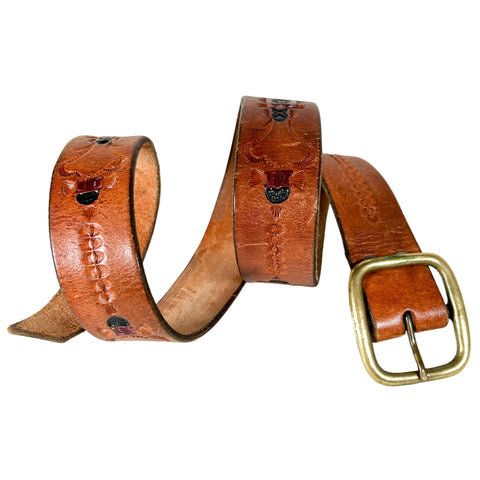 Brown leather belt with a gold buckle on a white background