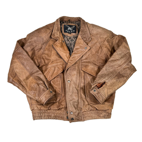 Brown leather jacket on a white background