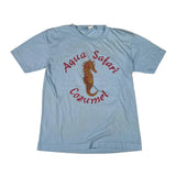 Light blue t-shirt with red seahorse graphic and text on a white background