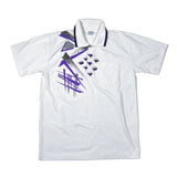 A white short-sleeve polo shirt with a purple and silver graphic print on the front, laid flat on a light background.