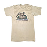 Beige t-shirt with a graphic design on a white background