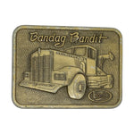 Bronze belt buckle with truck design and 'Bandag Bandit' text on a white background