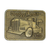 Bronze belt buckle with truck design and 'Bandag Bandit' text on a white background