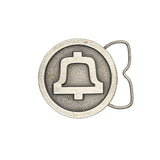 Silver belt buckle with bell design on a light gray background