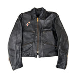 Black leather jacket with a small patch on a white background