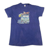 Blue t-shirt with a colorful graphic on a white background