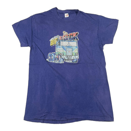 Blue t-shirt with a colorful graphic on a white background
