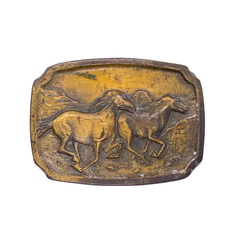 Vintage 80's Brass Running Horses Western Scene Belt Buckle