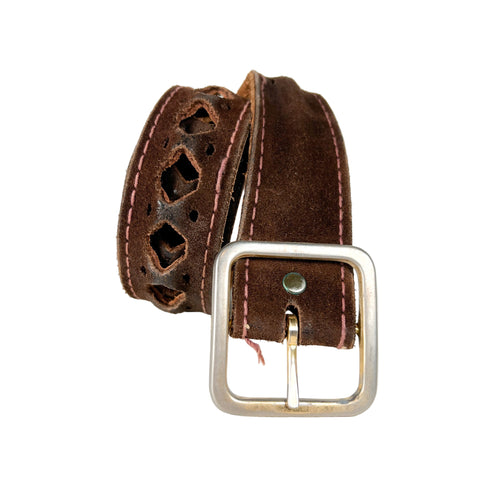 Brown leather belt with a silver buckle on a white background