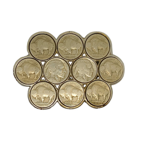 Set of gold coins with buffalo design on a white background