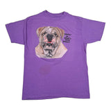 Purple t-shirt with a bulldog graphic and text on a white background