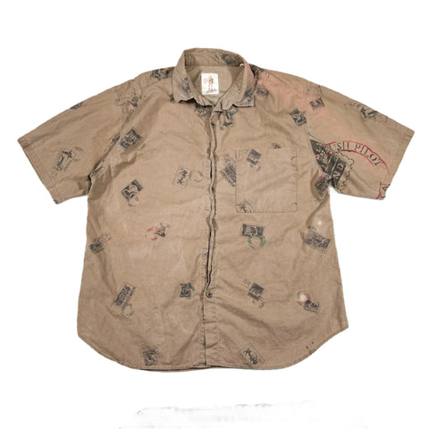 Vintage 80's Bush Pilot Postage Stamp Print Button Down Shirt