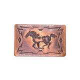 A rectangular copper belt buckle featuring an engraved running horse design and geometric border patterns, shown on a plain white background.