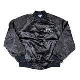 Black satin jacket with a logo on a white background