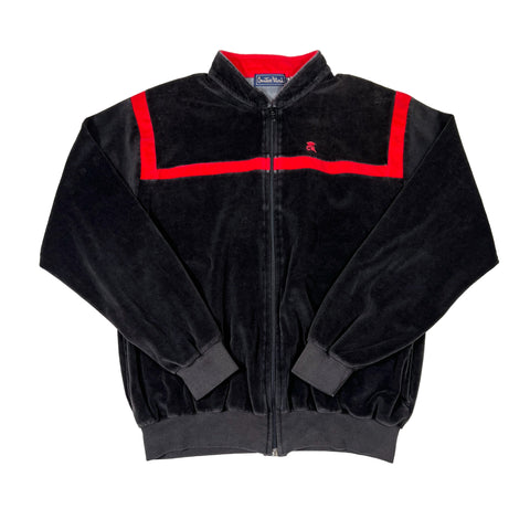 Black jacket with red accents on a white background