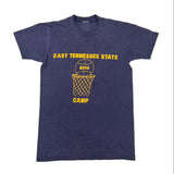 Navy blue t-shirt with yellow text and graphics on a white background