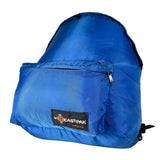 A blue Eastpak backpack shown from a three-quarter angle against a light gray background, featuring a front zippered pocket with a black Eastpak logo patch.