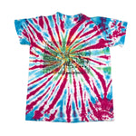 Tie-dye t-shirt with a colorful design on a white background