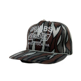 Camouflage-patterned cap with text on a white background
