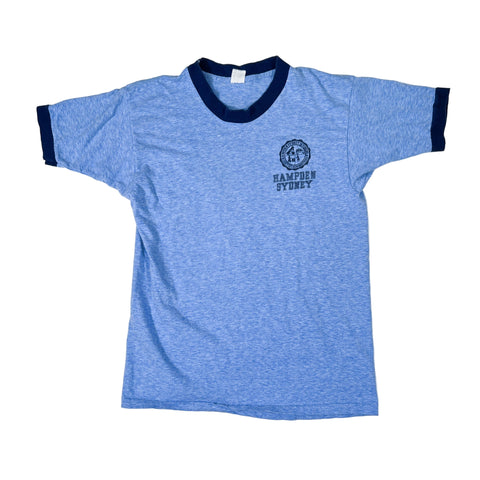 Blue t-shirt with black collar and logo on a white background