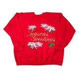 Red shorts with floral and text design on a white background