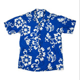Blue shirt with white floral pattern on a white background