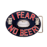 An oval novelty bottle opener with a dark navy blue face, featuring the phrase 'I FEAR NO BEER!' in red letters outlined in white. The design includes two small silver beer mug illustrations on the sides and a silver metal bottle opener blade in the center, with a matching silver metal belt clip on the right side.