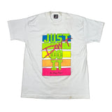 White t-shirt with colorful graphic design on a white background