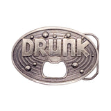 An oval silver-toned metal bottle opener belt buckle featuring the word 'DRUNK' in raised letters, surrounded by decorative bubble and concentric line details, on a white background.