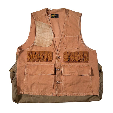 Brown hunting vest with multiple pockets on a white background