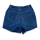 Back view of dark blue denim shorts with a frayed hem, elastic waistband, and two back pockets on a white background.