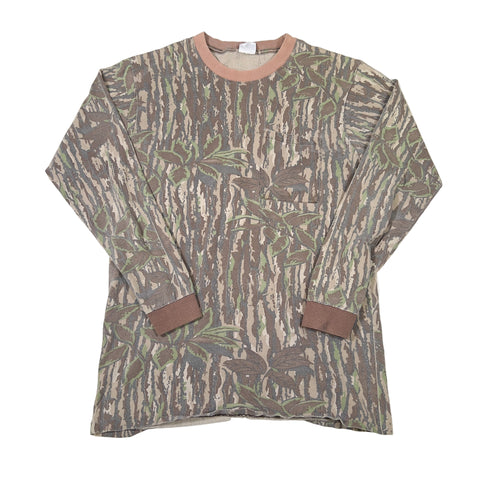 Camouflage-patterned long-sleeve shirt on a white background