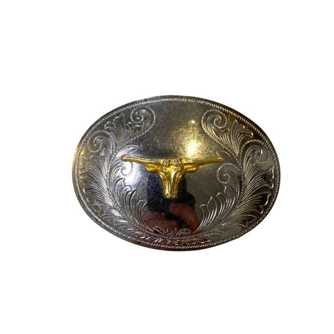 Vintage 80's Longhorn Bull Western Silver Belt Buckle