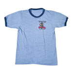 Blue ringer t-shirt with graphic design on a white background