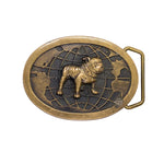 Bronze belt buckle with a bulldog design on a white background