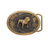Bronze belt buckle with a bulldog design on a white background