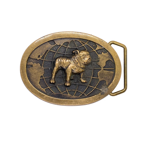 Bronze belt buckle with a bulldog design on a white background